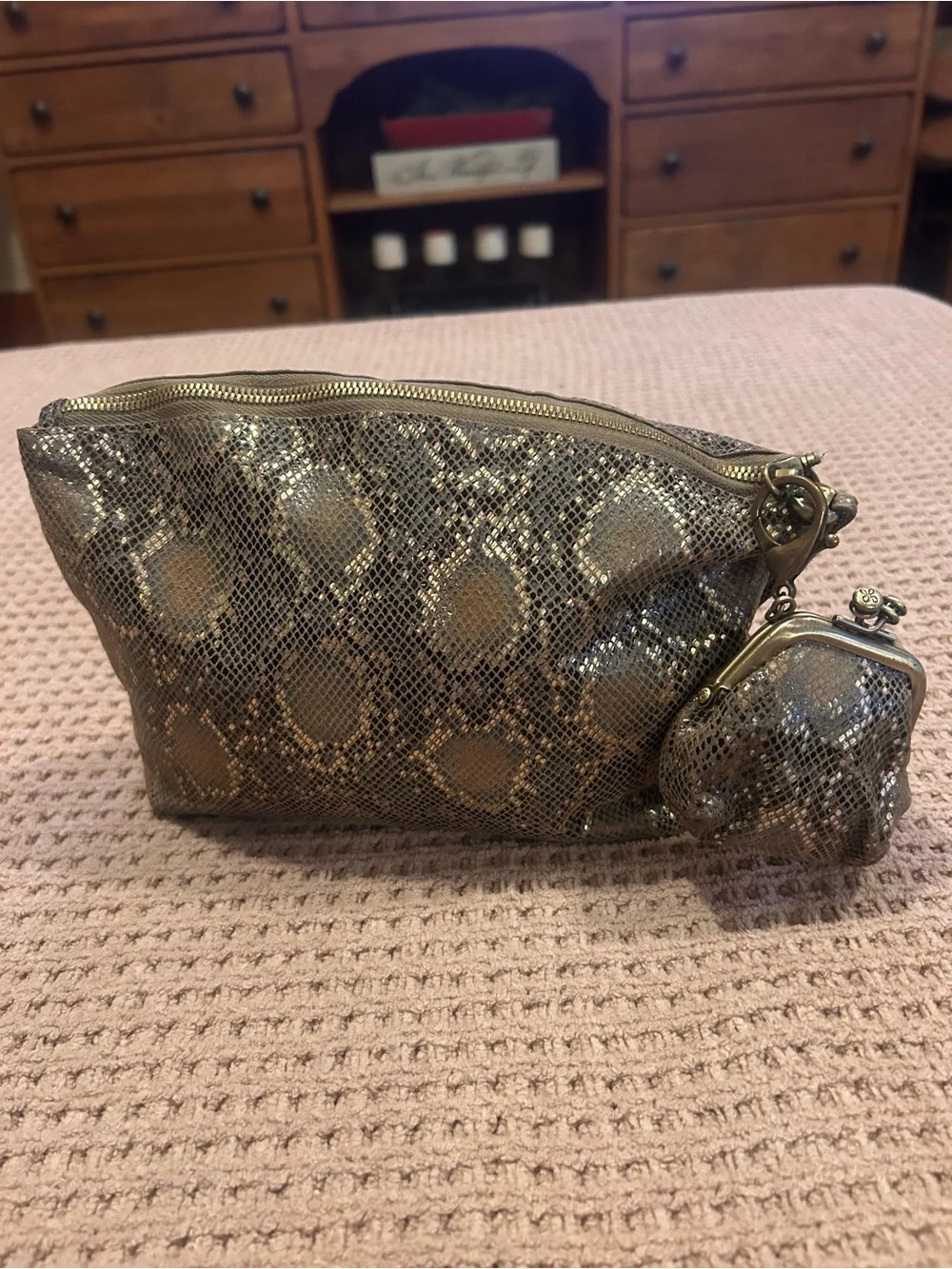 HOBO Metallic Snake-Print Cosmetic Pouch in Bronze and Black